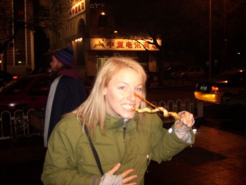 megan at wangfujing snack street in beijing